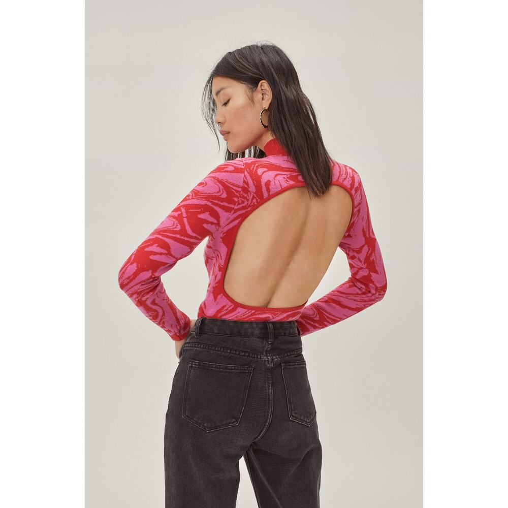 Nasty Gal Bodysuit Sweater Top NWT Red Pink Marble Open Back 6 NWT Thong Bottom - Picture 2 of 6